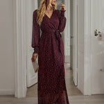 V-neck High Split Long Evening Dress with Belt