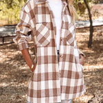 Nadorine Brushed Plaid Shirts Long Sleeve Flannel Lapel Button Down Shacket Jacket with Pockets