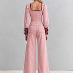 Retro Romantic Pink Sweetheart Neck Button Front Wide Leg Denim Jumpsuit