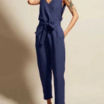 Sleeveless Backless Striped Jumpsuit Loose Trouser Suit Romper with Belt