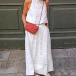 Two Piece Outfits Hollow out Embroidery Hanging Neck Top+High Waist Skirt Sets