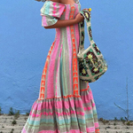 Music Festival Geometric Color Block Pocketed Smocked Boho Maxi Dress