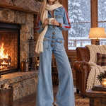 Retro Western Red Stripe Sleeve Button Front Wide Leg Denim Jumpsuit