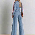 Retro Western Red Stripe Sleeve Button Front Wide Leg Denim Jumpsuit