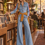 Retro Western Red Stripe Sleeve Button Front Wide Leg Denim Jumpsuit