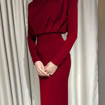 High Waisted Long Sleeves Pleated Solid Color Mock Neck Maxi Dresses Midi Dresses