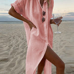 Turn-Down Collar Long Sleeve Single Breasted Loose Shirt Dress Solid Color Summer Beach Dresses