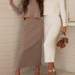 Solid Color Two Piece Set Women Sweater & Comfortable Slim Split Skirt