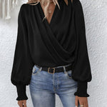 Nadorine Elegant V-neck Lantern Sleeve Blouse Temperament Solid Color Shirt for Women Casual Work Office Loose Fit 2026 | Under $40