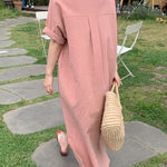 Oversized Button Down Maxi Shirt Dress Short Sleeve Side Split Casual Loose Solid Tunic Dress