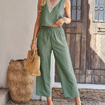 Solid Color Two Piece Outfits Sleeveless Deep V Neck Crop Tank Top with Wide Leg Pants Set with Pockets