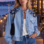 Vintage Floral Embroidered Light Wash Band Collar Cropped Western Denim Jacket
