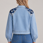 Vintage Floral Embroidered Light Wash Band Collar Cropped Western Denim Jacket