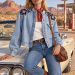 Vintage Floral Embroidered Light Wash Band Collar Cropped Western Denim Jacket