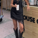 Asymmetric Satin Dress With Lace - Black