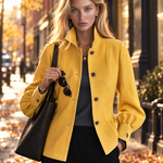 Classic Mustard Yellow Stand Collar Bishop Sleeve Tailored Button Front Jacket