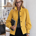 Classic Mustard Yellow Stand Collar Bishop Sleeve Tailored Button Front Jacket