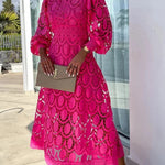 Romantic, Sensual and Elegant Crochet Lace Lantern Sleeve Party Midi Dress