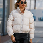 Short Puffer Jacket Stands Up Button Zipper Outerwear
