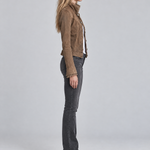 Vintage Western Lace Trim Stand Collar Brown Washed Fitted Cropped Denim Jacket