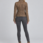 Vintage Western Lace Trim Stand Collar Brown Washed Fitted Cropped Denim Jacket