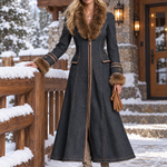 Elegant Faux Fur Trim Charcoal Fit And Flare Zip Front Denim Maxi Coat