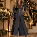 Elegant Faux Fur Trim Charcoal Fit And Flare Zip Front Denim Maxi Coat