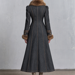 Elegant Faux Fur Trim Charcoal Fit And Flare Zip Front Denim Maxi Coat