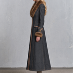 Elegant Faux Fur Trim Charcoal Fit And Flare Zip Front Denim Maxi Coat