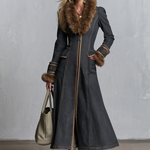 Elegant Faux Fur Trim Charcoal Fit And Flare Zip Front Denim Maxi Coat