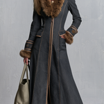 Elegant Faux Fur Trim Charcoal Fit And Flare Zip Front Denim Maxi Coat