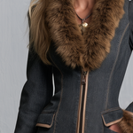 Elegant Faux Fur Trim Charcoal Fit And Flare Zip Front Denim Maxi Coat