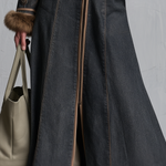 Elegant Faux Fur Trim Charcoal Fit And Flare Zip Front Denim Maxi Coat