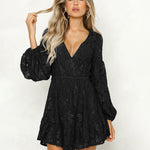 Lace Dress Deep V Floral Long Sleeve Cocktail Swing Dress