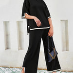 Nadorine Contrasting Color Slit Short-sleeved Sweater Wide-leg Trousers Two-piece Set
