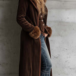 Brown Microfiber Suede Maxi Coat With Metal Buttons And Faux Fur Frim