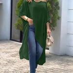 Women's Skew Neck Batwing Sleeve Tee Asymmetric Loose Cape Blouse Slit Elegant Top