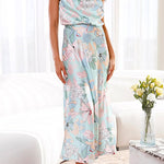 Margovil Irregular Tie Neck Waisted Floral Printed Maxi Satin Dress