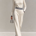 Retro Casual Color-blocked White Knit Top And Pants Set
