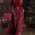 Festive Retro Red Velvet Turtleneck Plaid Skirt Set