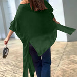 Women's Skew Neck Batwing Sleeve Tee Asymmetric Loose Cape Blouse Slit Elegant Top