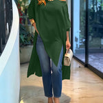 Women's Skew Neck Batwing Sleeve Tee Asymmetric Loose Cape Blouse Slit Elegant Top