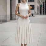 High-Neck Pleated Midi Dress With Sculpted Bodice