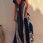 Margovil V Neck Short Sleeve Color Block Printed  Maxi Swing Dress