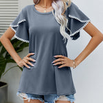Pom-Pom Trim Flutter Sleeve Round Neck Tee Casual Blouses Tops