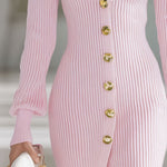 Elegant Pink V-neck Single-breasted Knitted Mini Dress