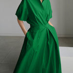 High Waisted Loose Pleated Solid Color V-Neck Midi Dresses