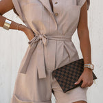 Single-breasted Jumpsuit with Large Pockets Solid Color Shorts Jumpsuits