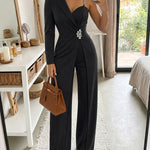 Rhinestone Decor One Shoulder Adjustable Spaghetti Strap Overalls Casual Long Sleeve Wrap Front Wide Leg Jumpsuit