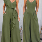 V-Neck Adjustable Spaghetti Straps Backless Overalls Casual Zipper Back Wide Leg Jumpsuit with Convertible Ruffles Tie Panel